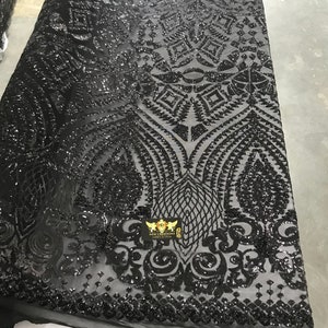 New black shiny diamond design with sequins on a 4 way stretch mesh-prom-nightgown-sold by the yard-free shipping in the USA-