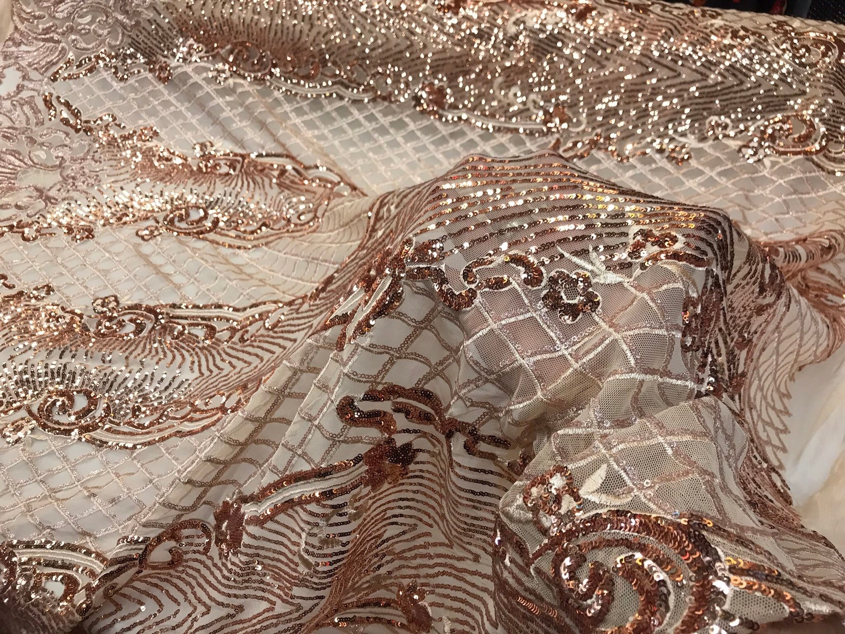 ROSE GOLD EMBROIDERY SEQUINS HAND BEADED LACE FABRIC 52 