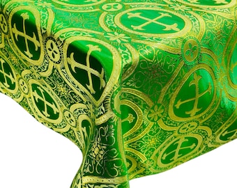 Green/Gold - Square Metallic Cross Brocade Jacquard Satin Table Overlay/Religious Brocade/Liturgical Fabric/Church.