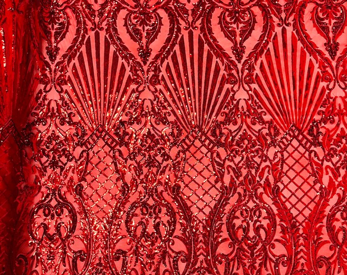Red shiny sequin shell damask design on a 4 way stretch mesh fabric -prom-sold by the yard.