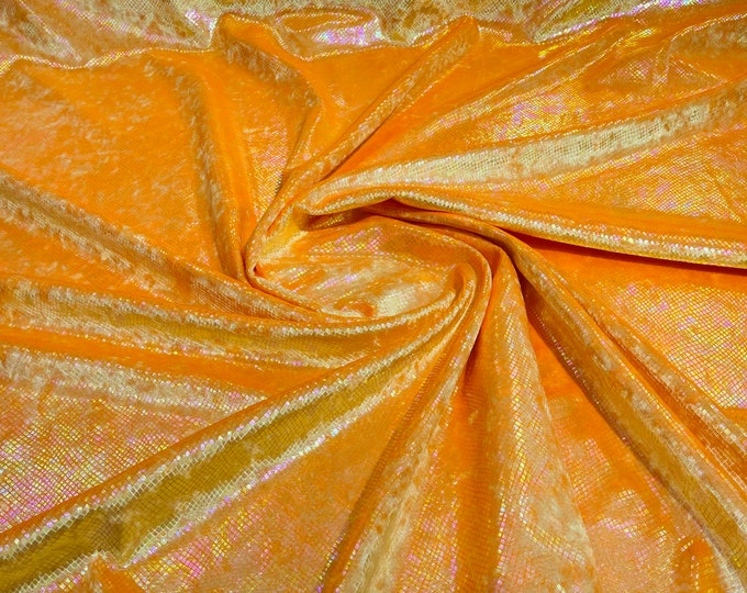 Tangerine orange Illusion foil Snake design on a stretch velvet fabric-Sold by the yard.