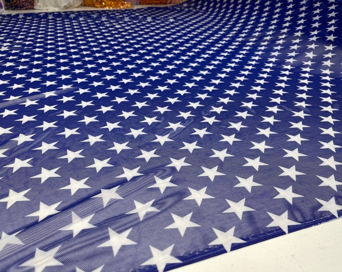 Patriotic White star design on Royal Blue power mesh 4-way stretch 58"-Sold by the yard