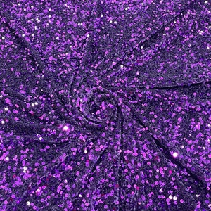Purple 5mm sequins on a stretch velvet 2-way stretch, sold by the yard.