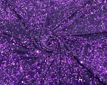 Purple 5mm sequins on a stretch velvet 2-way stretch, sold by the yard.