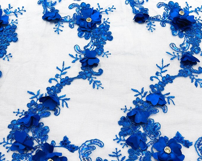 Royal Blue 3d floral design embroider and beaded with rhinestones on a mesh lace-prom-apparel-fashion-sold by yard.