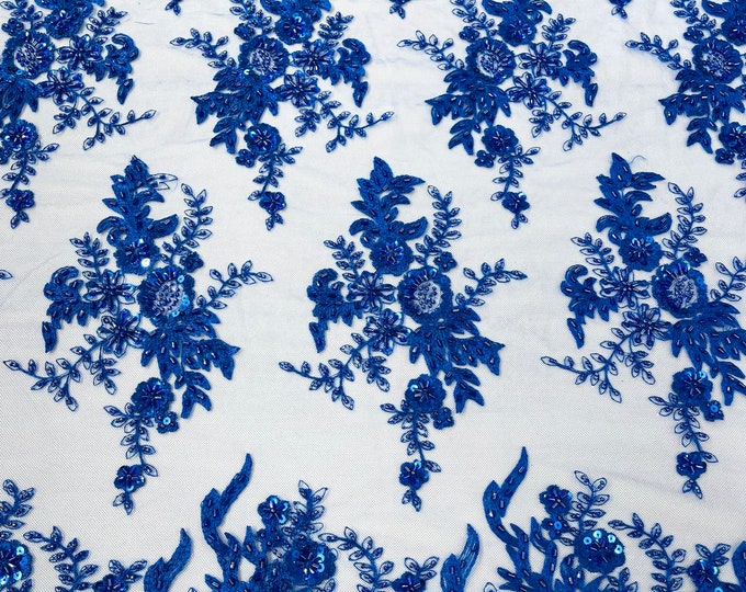 Gorgeous Royal Blue French design embroider and beaded on a mesh lace. Wedding/Bridal/Prom/Nightgown fabric.