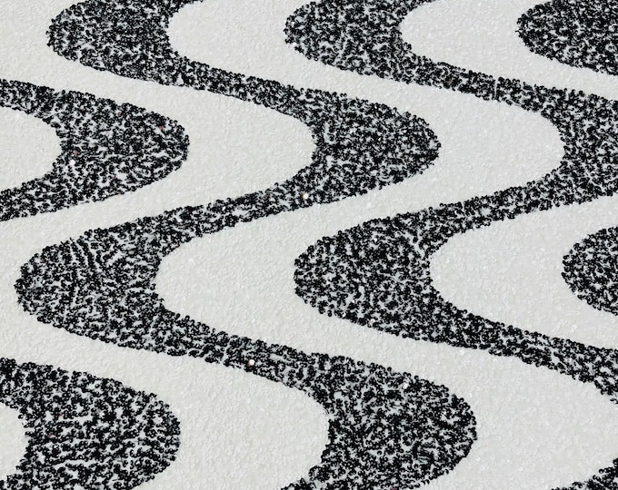 Black/White sequin Wave Design On White stretch velvet all over 5mm shining sequins 2-way stretch, sold by the yard.