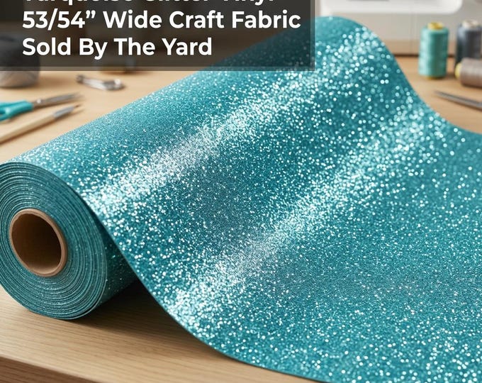 Turquoise 53/54" Wide Shiny Sparkle Glitter Vinyl, Faux Leather PVC-Upholstery Craft Fabric Sold by The Yard.
