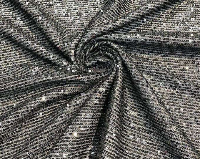 Black chain shiny sequins design on a 4 way stretch mesh fabric -prom-sold by the yard.