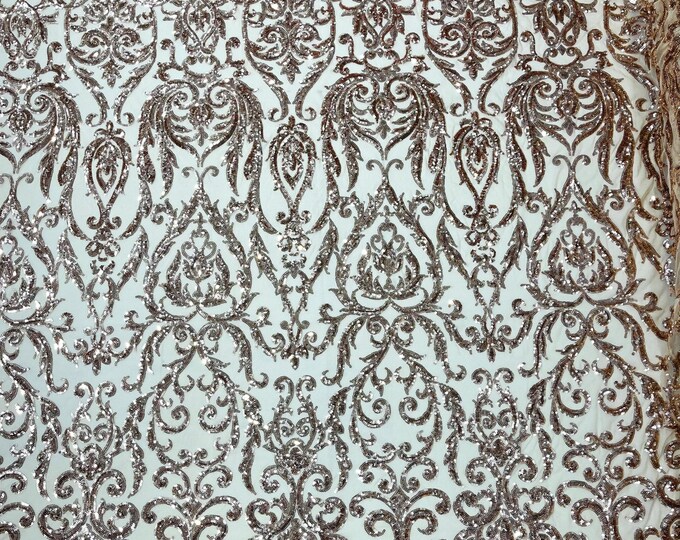 Champagne shiny King Damask sequin design on a 4 way stretch mesh fabric-prom-sold by the yard.