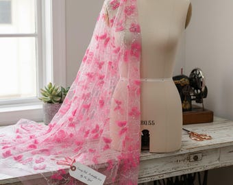 3D Butterfly Lace Fabric, Candy Pink Beaded Mesh for Dresses and Decor