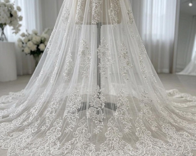 White Beaded Mesh Lace Fabric by the Yard, Elegant Floral Embroidered Bridal Lace for Wedding Dress, Prom Gown, Couture Fabric
