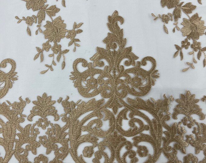 Khaki flowers flat lace embroider on a 2 way stretch mesh sold by the yard.