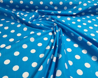 White dot On Turquoise 58" Wide Premium 1 inch Polka Dot Poly Cotton Fabric Sold By The Yard.