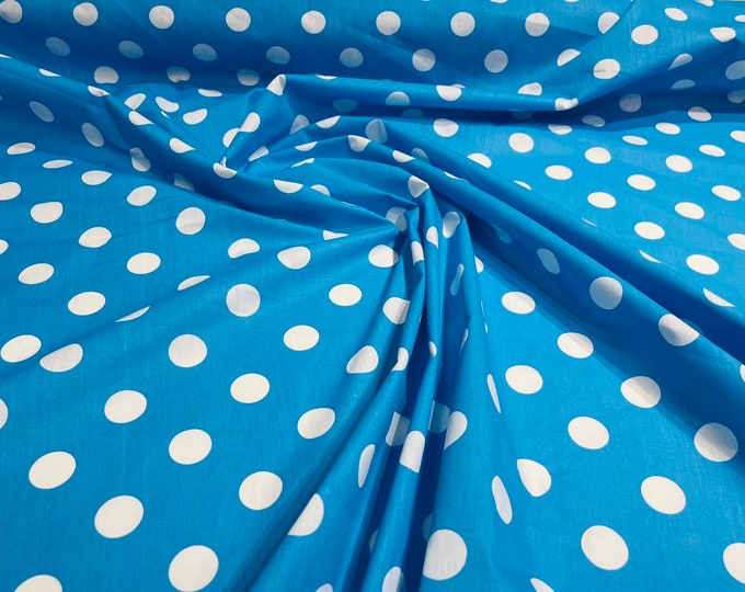 White dot On Turquoise 58" Wide Premium 1 inch Polka Dot Poly Cotton Fabric Sold By The Yard.