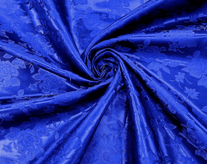 Royal Blue 60" Wide Polyester Big Roses/Flowers Brocade Jacquard Satin Fabric/Cosplay Costumes, Skirts, Table Linen/Sold By The Yard.