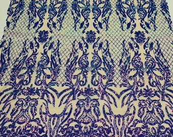 Lavender Iridescent shiny sequin damask design on a nude 4 way stretch mesh-prom-nightgown-Sold by the yard.
