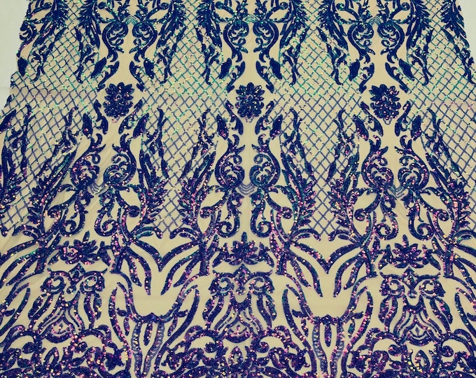 Lavender Iridescent shiny sequin damask design on a nude 4 way stretch mesh-prom-nightgown-Sold by the yard.