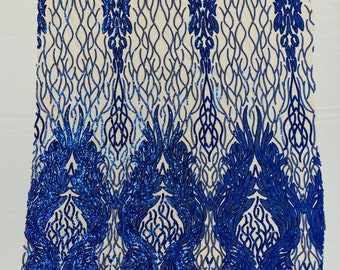 Royal blue iridescent damask sequin design on a nude 4 way stretch mesh fabric-prom-sold by the yard.