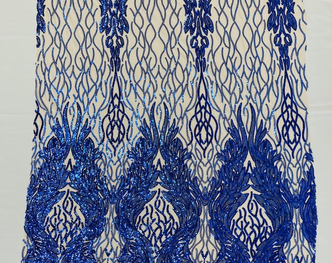 Royal blue iridescent damask sequin design on a nude 4 way stretch mesh fabric-prom-sold by the yard.