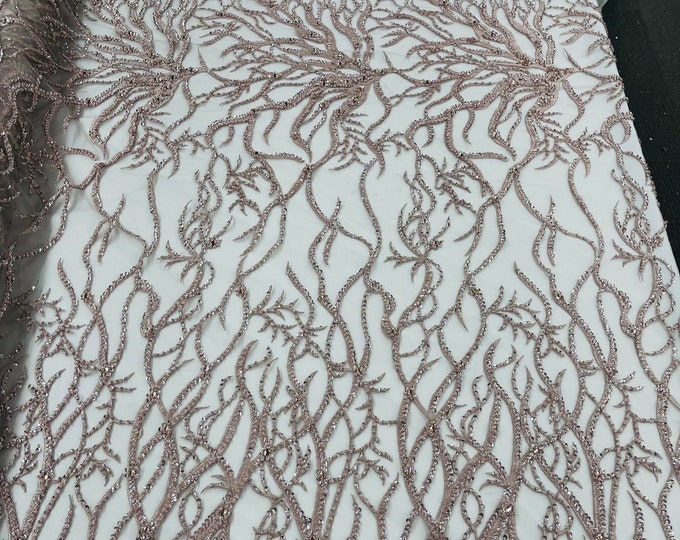 Rose gold Vine Design Embroider and heavy beading on a mesh lace-sold by the yard.