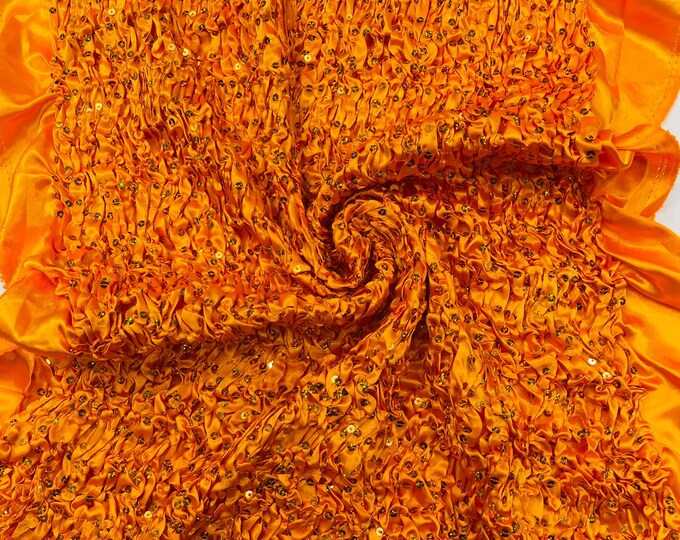 Orange Pleated Stretch Satin Ruffle lace Trim With Hologram Sequin/24" Wide/Sold By The Yard.