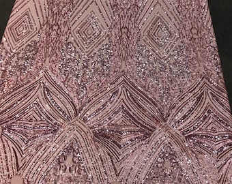 Dusty rose Sequin diamond design embroidery on a 4 way stretch mesh-dresses-fashion-prom-nightgown-sold by the yard-free shipping