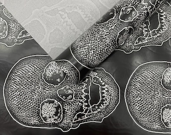 Black Skull Embossed Fake Leather Upholstery, 3D Faux Leather PVC Vinyl Fabric.