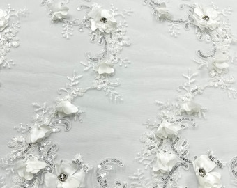 Ivory 3d floral design embroider and beaded with rhinestones on a mesh lace-prom-apparel-fashion-sold by yard.