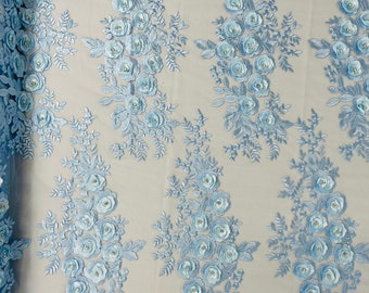 Light Blue 3d floral design embroider and beaded with rhinestones on a mesh lace-prom-dresses-nightgown-apparel-fashion-sold by yard.