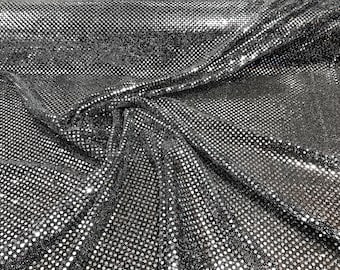 Silver on Black 44/45" Wide Faux Sequin Light weight Knit Fabric Shiny Dot Confetti for Sewing Costumes Apparel Crafts Sold by The Yard.