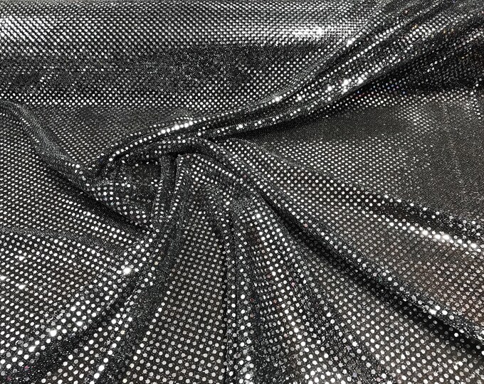 Silver on Black 44/45" Wide Faux Sequin Light weight Knit Fabric Shiny Dot Confetti for Sewing Costumes Apparel Crafts Sold by The Yard.