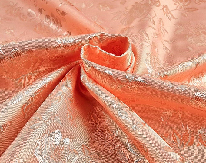 Peach 60" Wide Polyester Flower Brocade Jacquard Satin Fabric, Sold By The Yard.