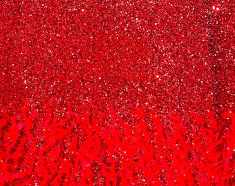 Red 5mm sequins on a stretch velvet with feathers  2-way stretch, sold by the yard