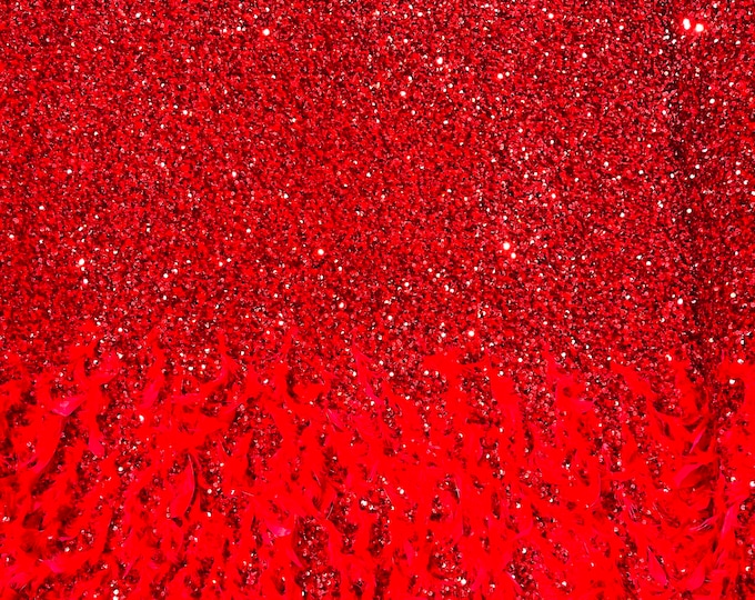 Red 5mm sequins on a stretch velvet with feathers  2-way stretch, sold by the yard