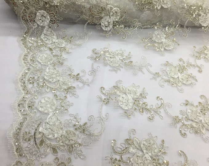 Ivory 3d flowers embroider with sequins on a ivory mesh lace. Wedding/bridal/prom/nightgown fabric. Sold by the yard.