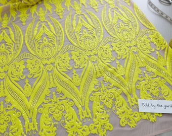 Nude Mesh Fabric with Yellow Sequined Big Damask Design, 4-Way Stretch Sold by the Yard