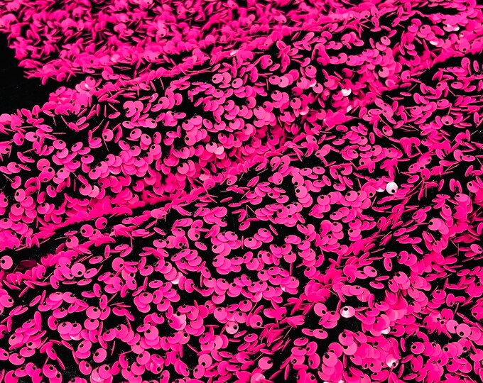 Neon pink All-Over 5mm Shiny Sequins Black Stretch Velvet 54" Wide.