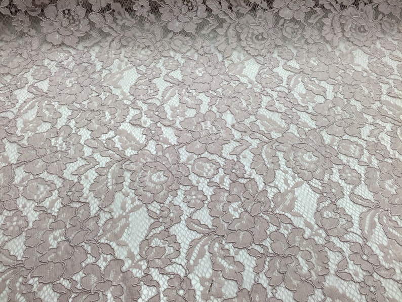 WeddingBridalNightgownsProm-sold by the yard. Mauve vintage corded french lace embroider on a antique mesh