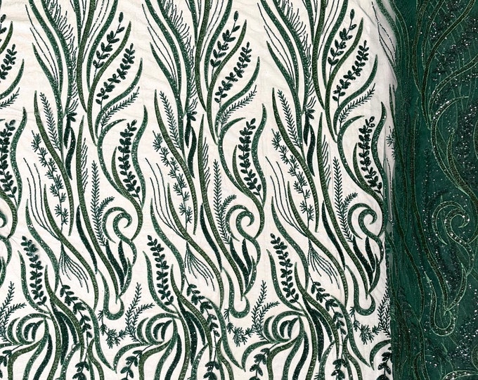 Hunter green feather damask embroider with sequins and heavy beaded on a mesh lace fabric-sold by the yard-