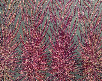 Rainbow Iridescent - Phoenix feather design with sequins embroider on a black 4 way stretch mesh fabric-sold by the yard.
