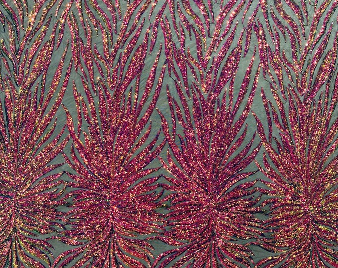 Rainbow Iridescent - Phoenix feather design with sequins embroider on a black 4 way stretch mesh fabric-sold by the yard.