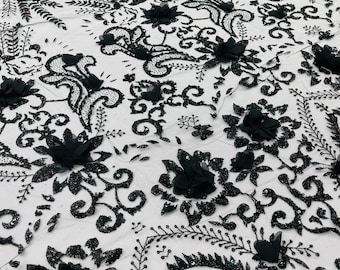 Black Floral 3D Palm Damask with Glitter in a Mesh Lace- Sold by the yard.