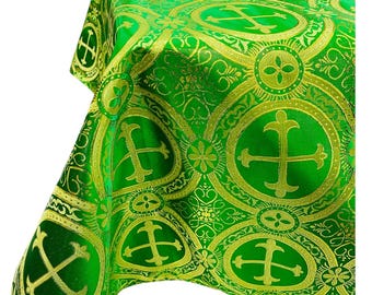 Green/Gold Cross Brocade Tablecloth – Religious Jacquard Satin Overlay