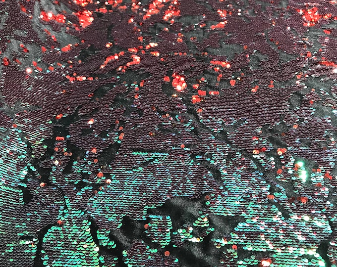 Red/ Green iridescent sequins flip two tone camouflage  design on a black stretch velvet, Sold by the yard.