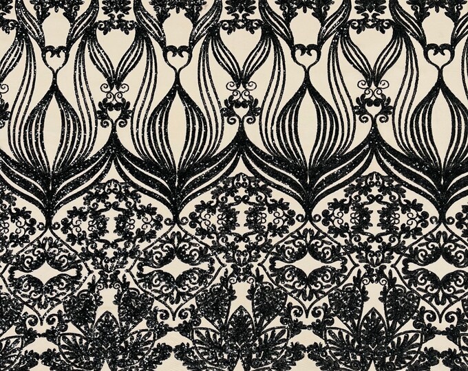 New Black shiny sequin damask design on a Nude 4 way stretch mesh-sold by the yard.