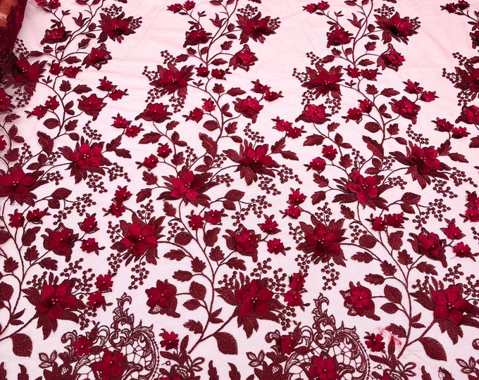 Burgundy Emily 3d floral design embroider with pearls in a mesh lace-sold by the yard.