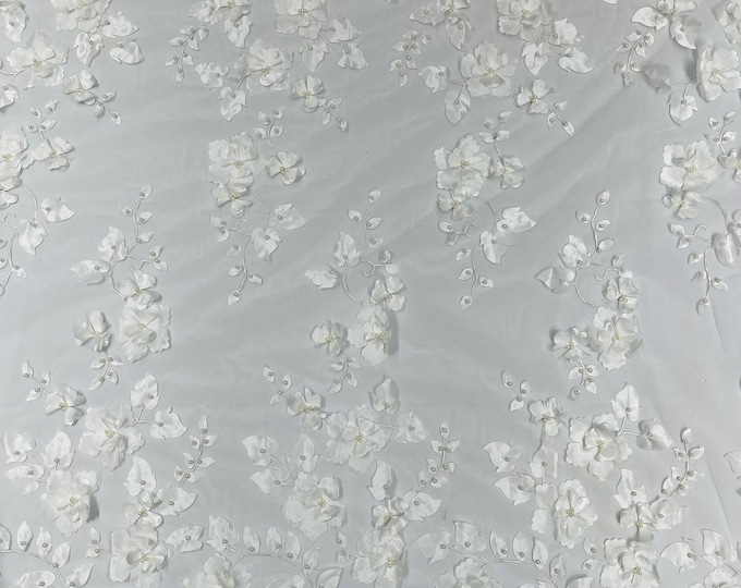 White Double Scalp Orquidia 3d floral design embroider with pearl in a mesh lace fabric-dresses-fashion-decoration-prom-sold by the yard