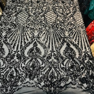 Black shiny sequin damask design on a 4 way stretch mesh-sold by the yard-free shipping in the usa-