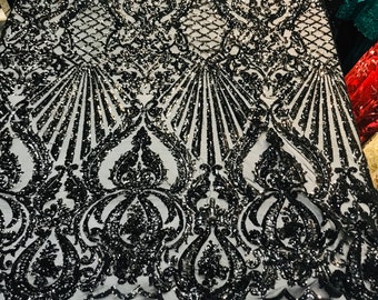 Black shiny sequin damask design on a 4 way stretch mesh-sold by the yard-free shipping in the usa-
